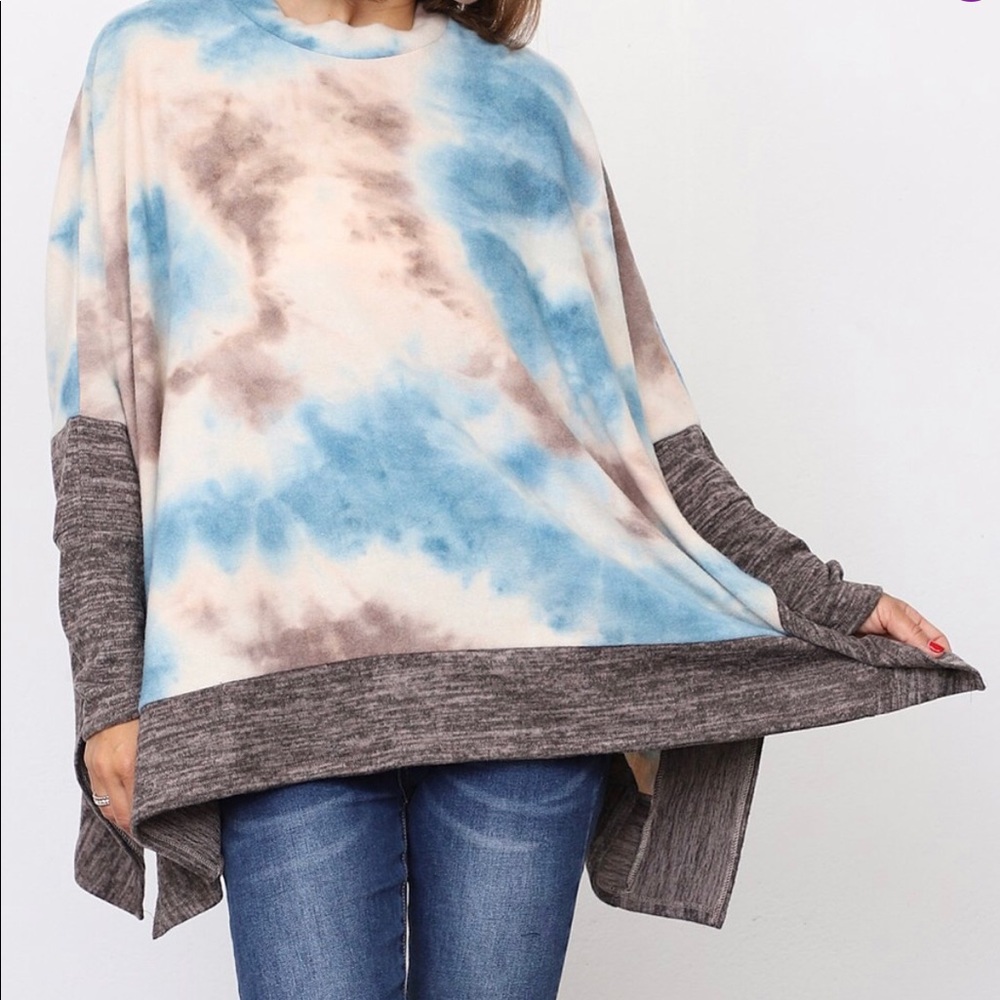 BOUTIQUE ITEM: blue tie dye and gray poncho S & M